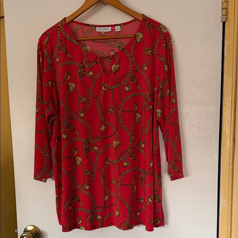 Susan Graver Red and Gold Patterned Long Sleeve Top